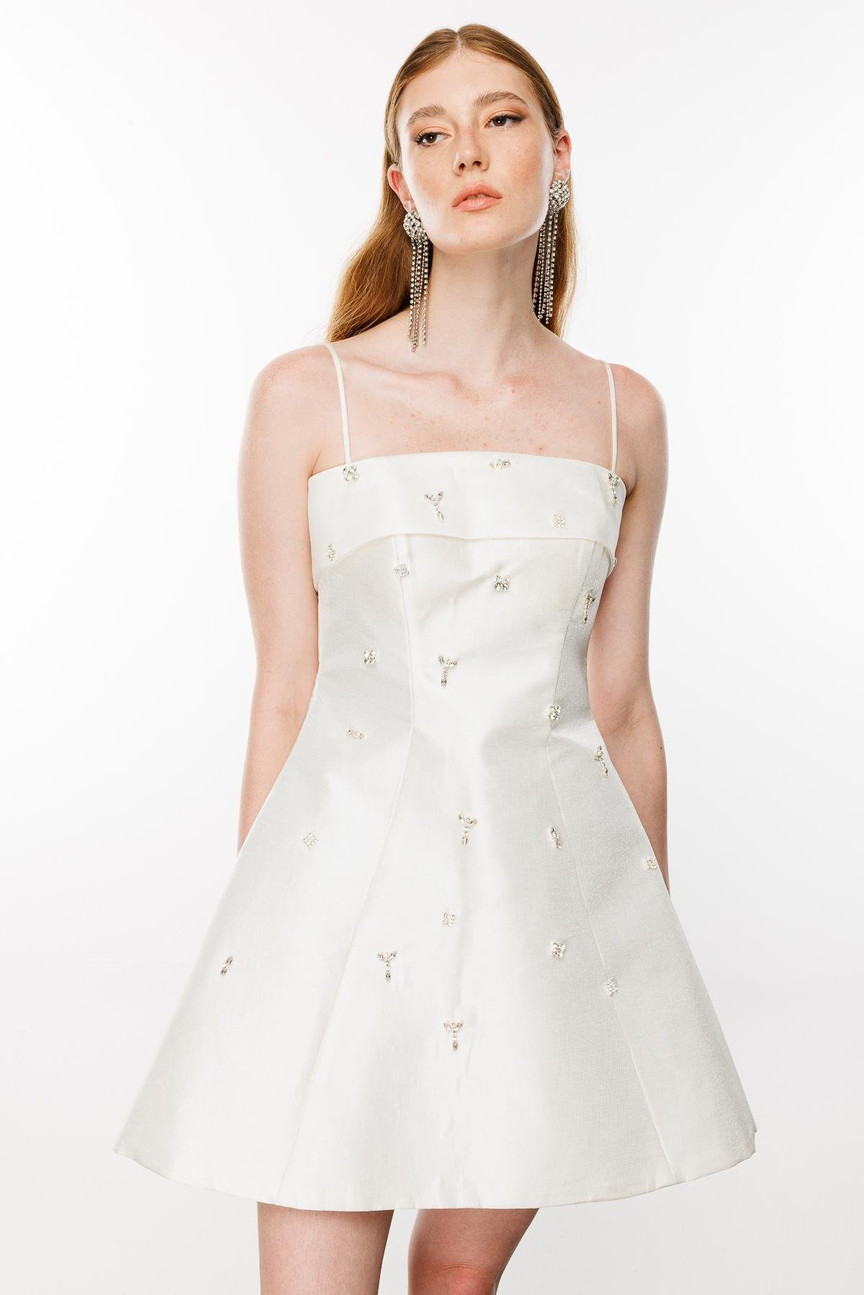 Taş Aksesuarlı İnce Askılı Elbise EKRU