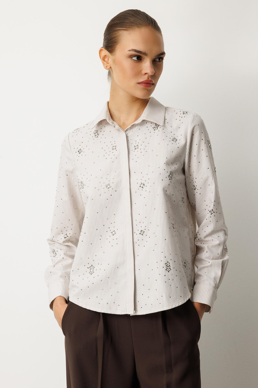 Taş İşlemel Çizgili i Gömlek BEJ