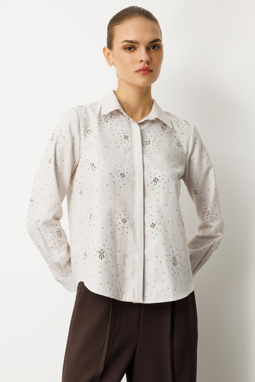 Taş İşlemel Çizgili i Gömlek BEJ