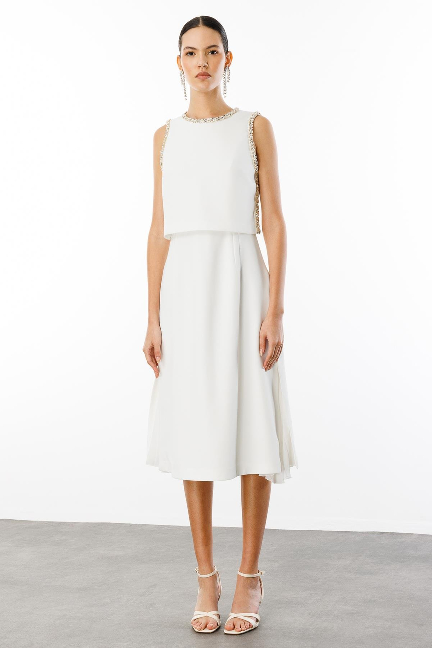 Taş İşlemeli Yelek & Elbise 2li Takım EKRU