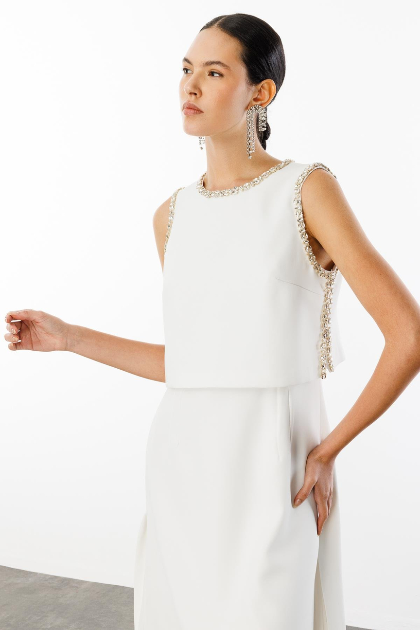 Taş İşlemeli Yelek & Elbise 2li Takım EKRU