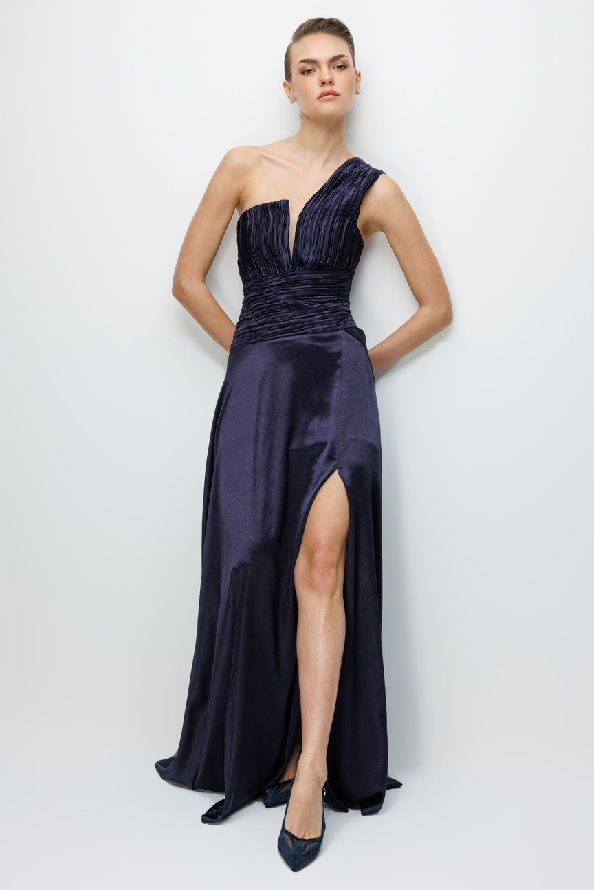 Tek Omuz Piliseli Elbise LACİVERT