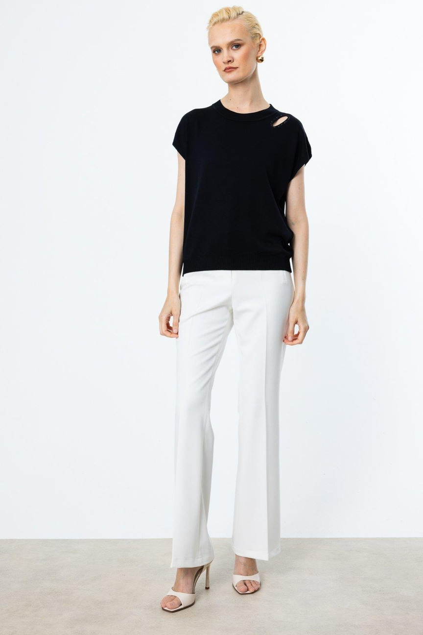 One Shoulder Window Glittery Short Sleeve Blouse BLACK