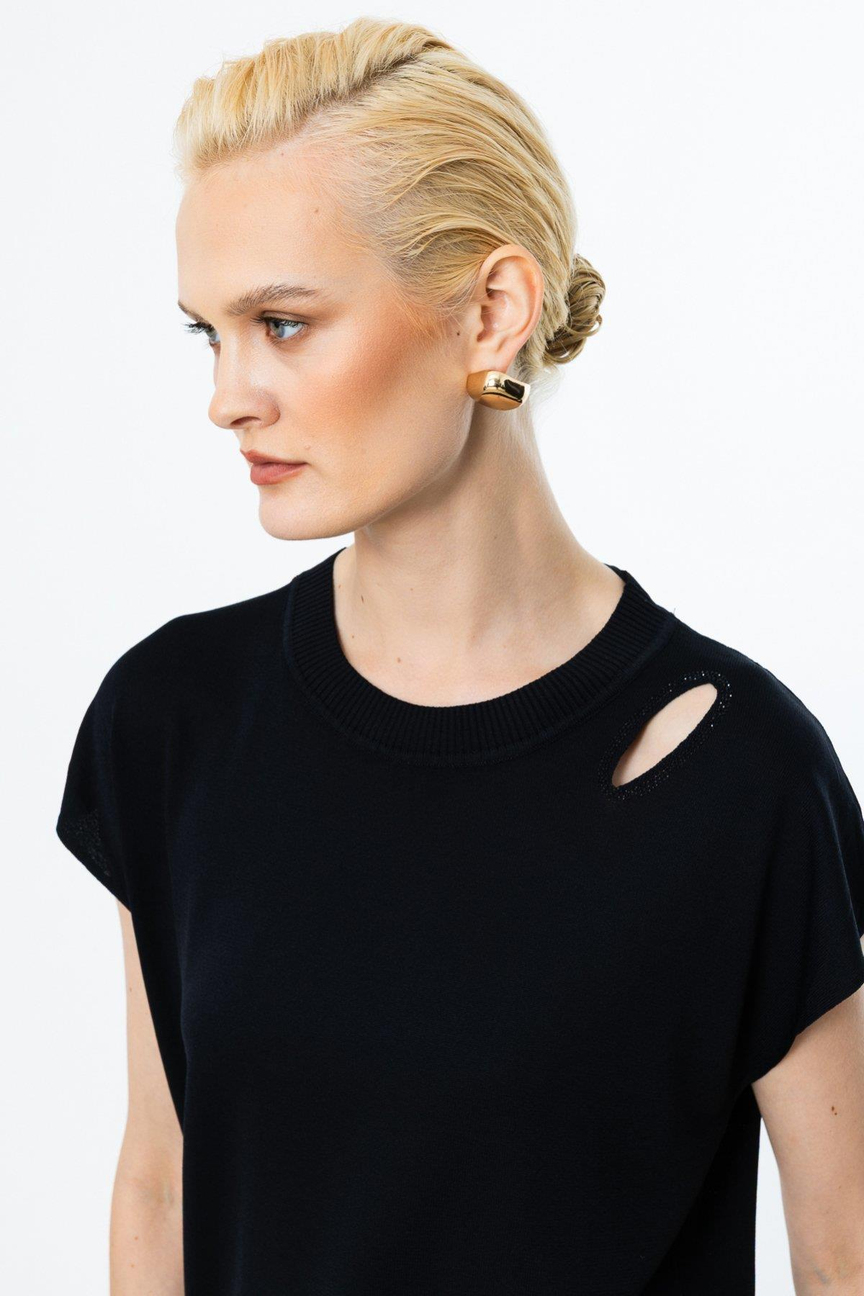 One Shoulder Window Glittery Short Sleeve Blouse BLACK