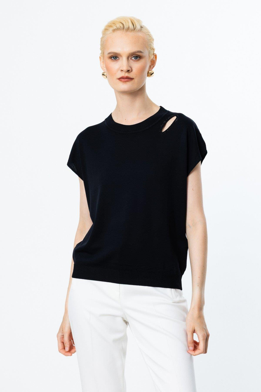 One Shoulder Window Glittery Short Sleeve Blouse BLACK