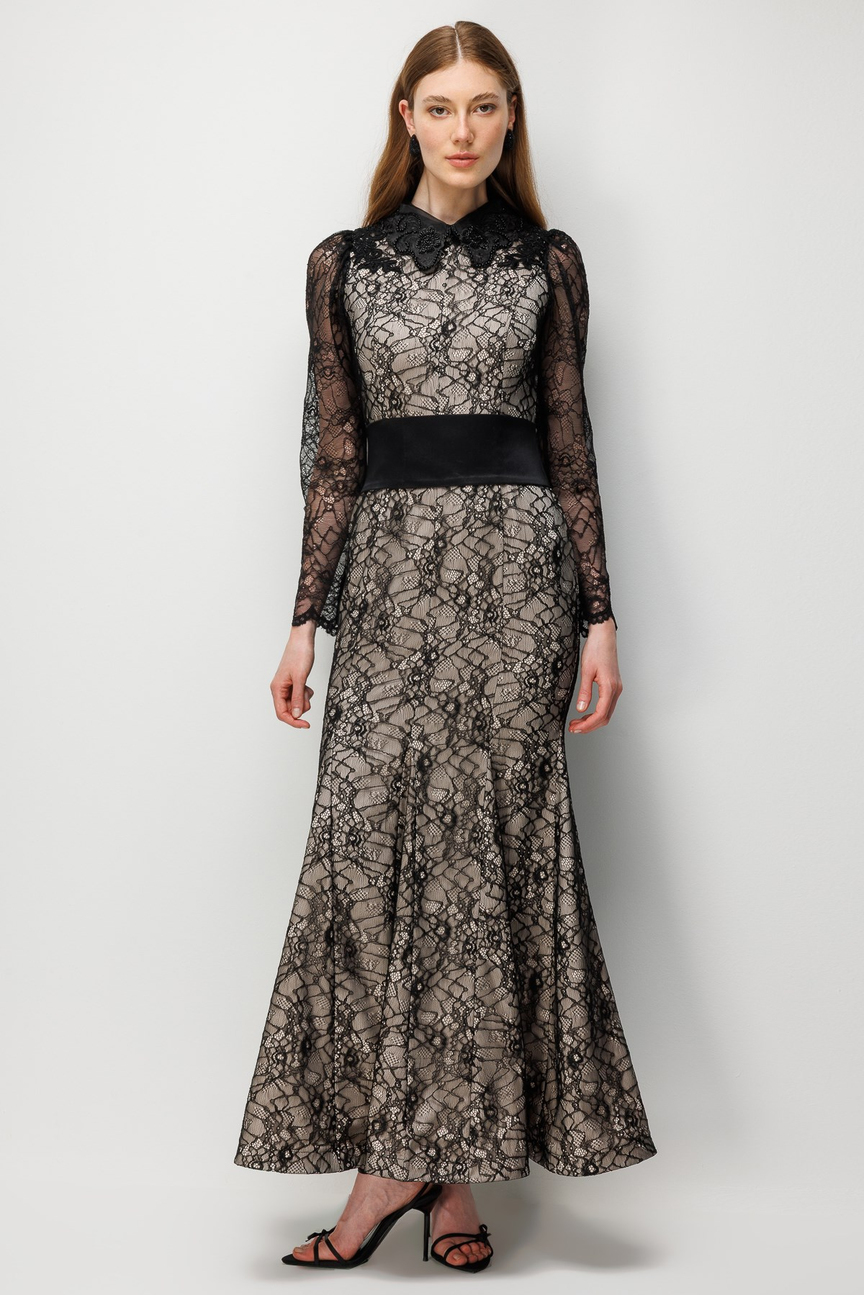Sheer Waist Lace Maxi Dress BLACK