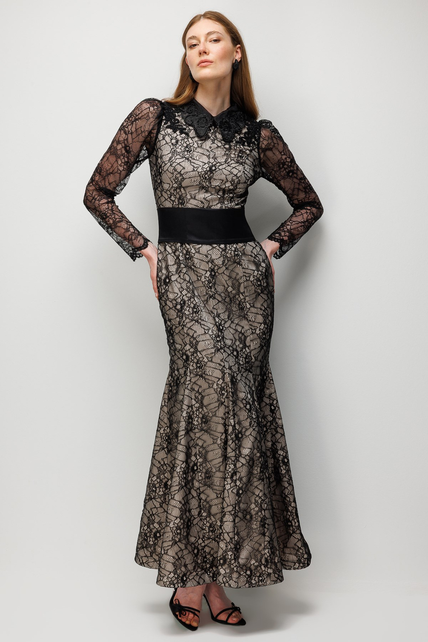 Sheer Waist Lace Maxi Dress BLACK
