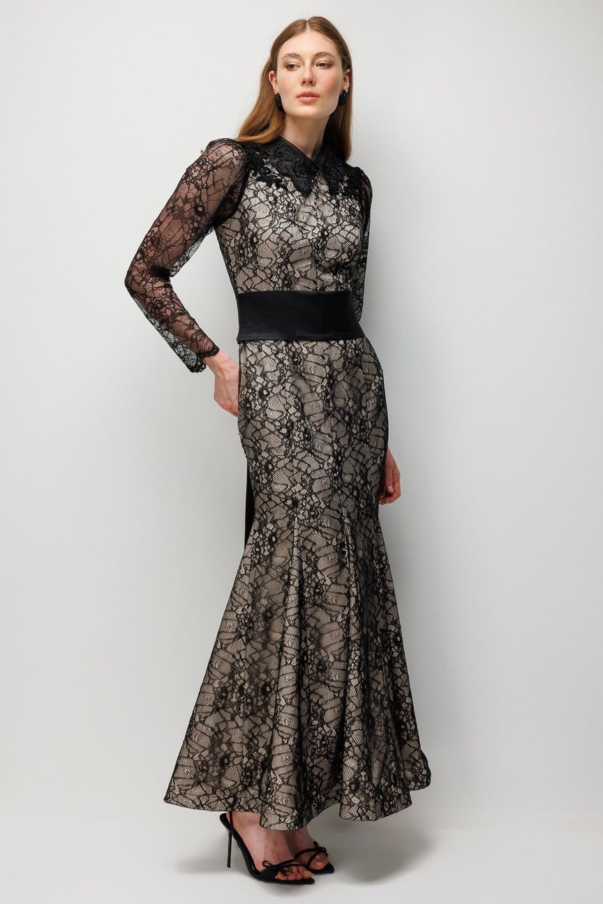 Sheer Waist Lace Maxi Dress BLACK