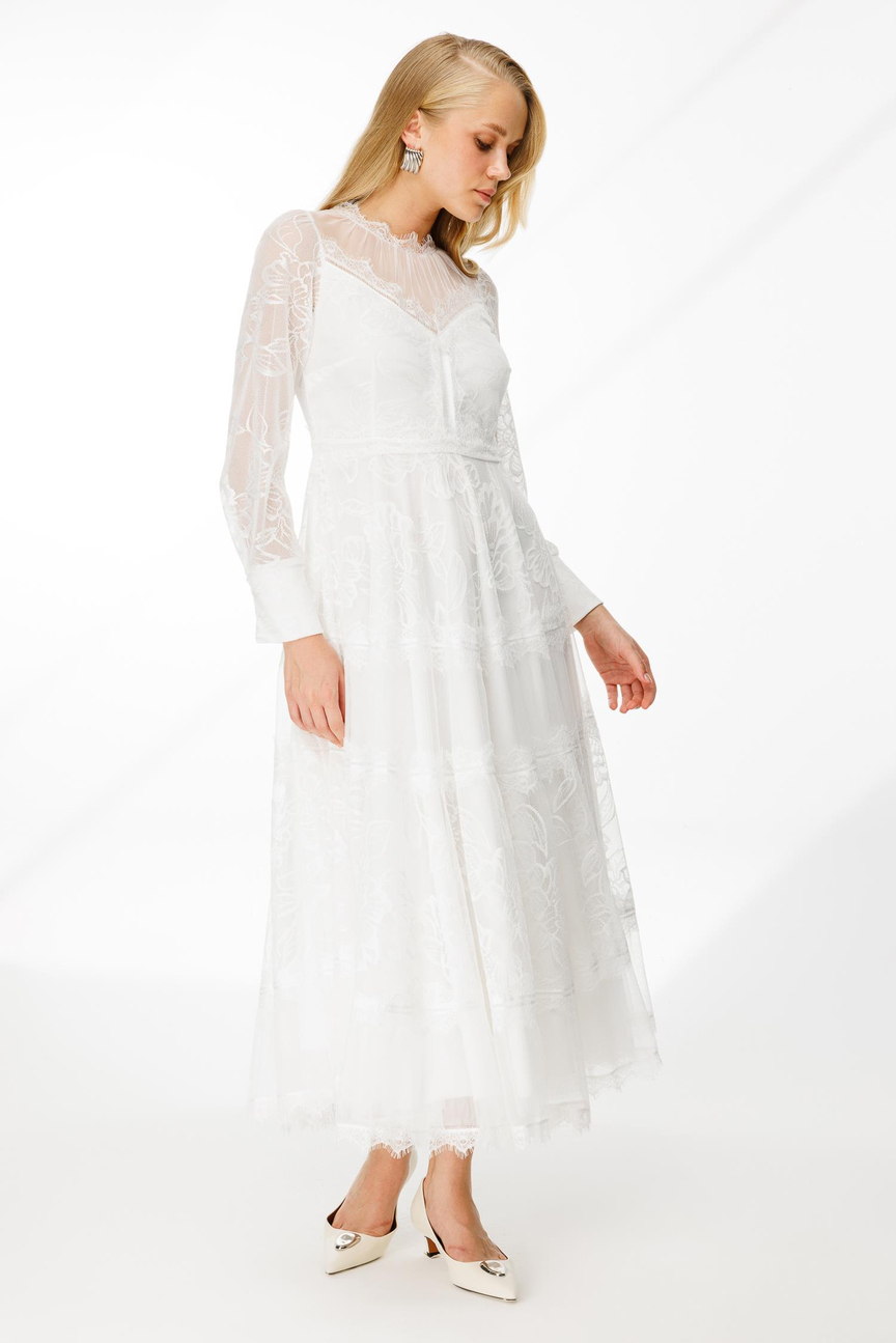 Dantel Detay Bej Astarlı Maxi Boy Elbise BEYAZ