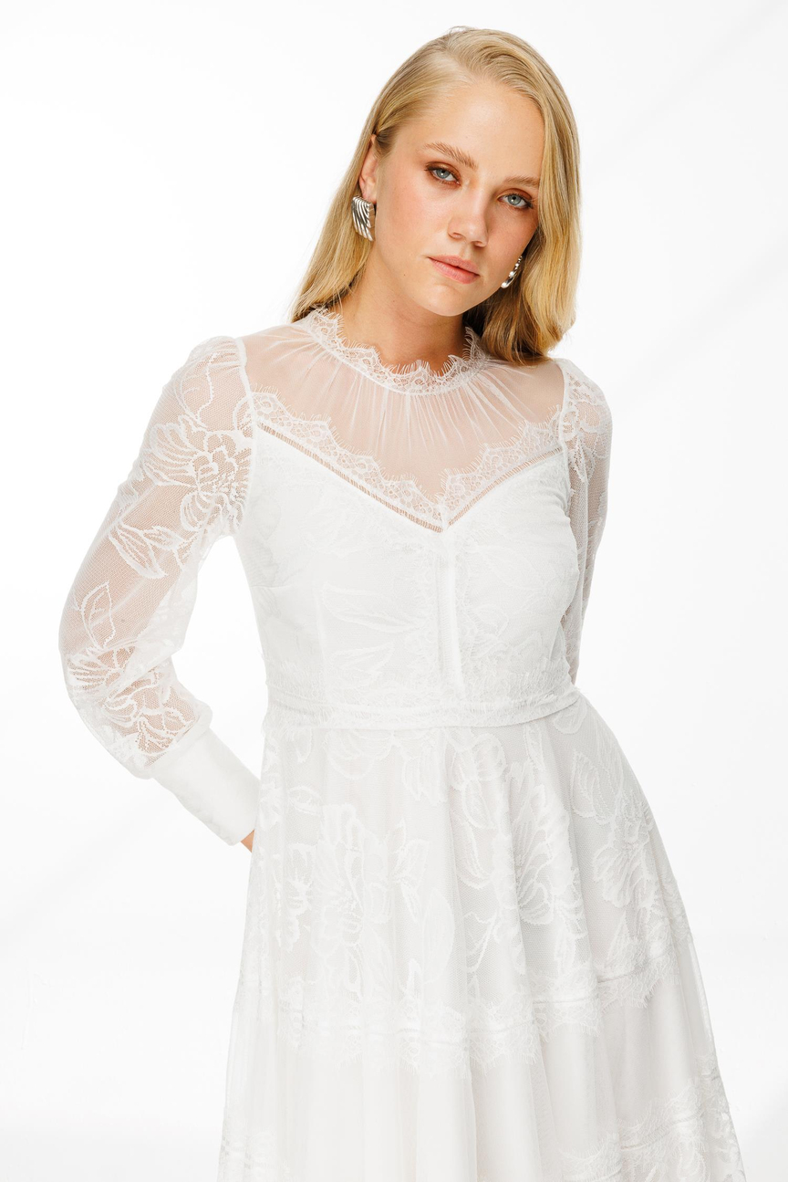 Dantel Detay Bej Astarlı Maxi Boy Elbise BEYAZ