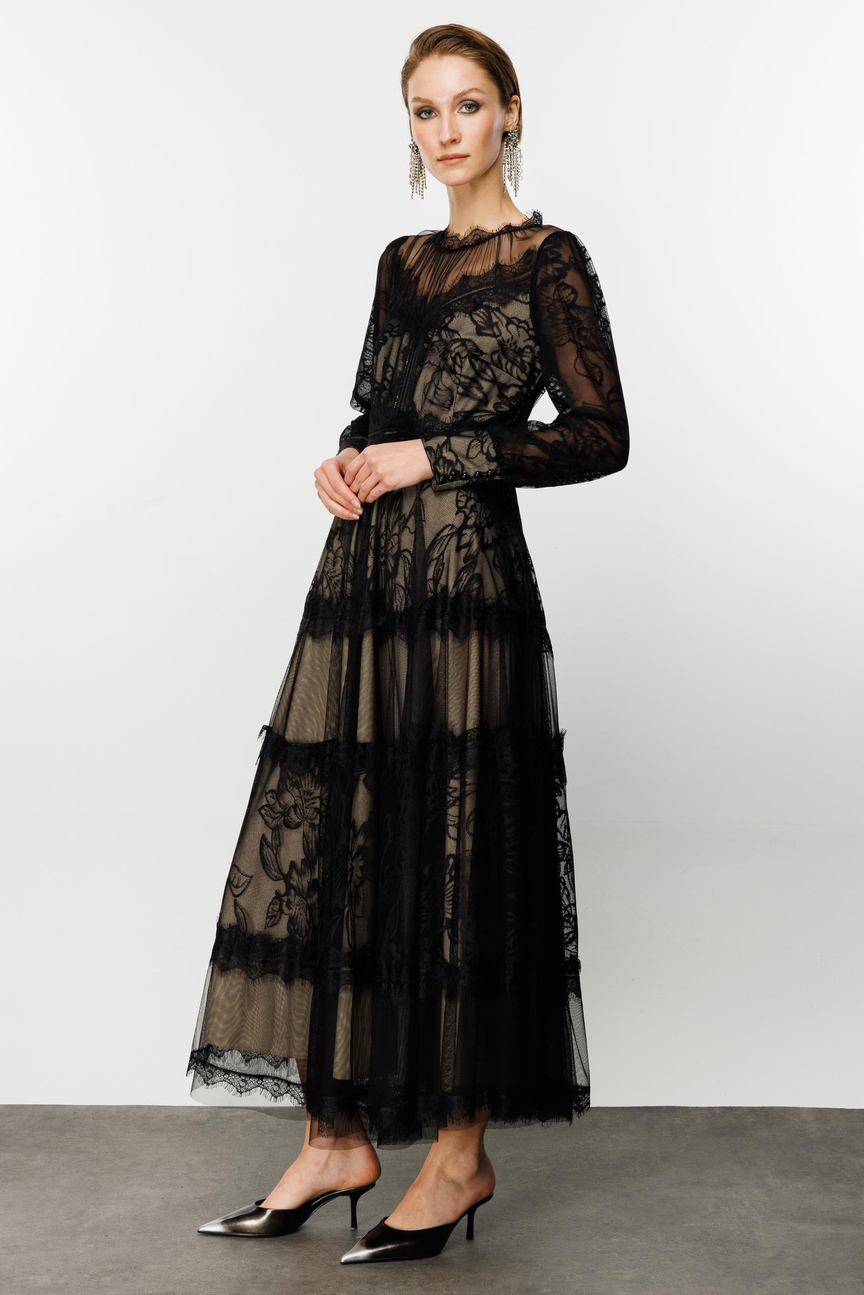 Dantel Detay Bej Astarlı Maxi Boy Elbise SİYAH