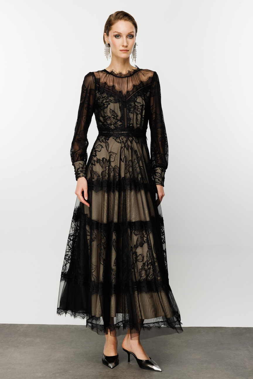 Dantel Detay Bej Astarlı Maxi Boy Elbise SİYAH