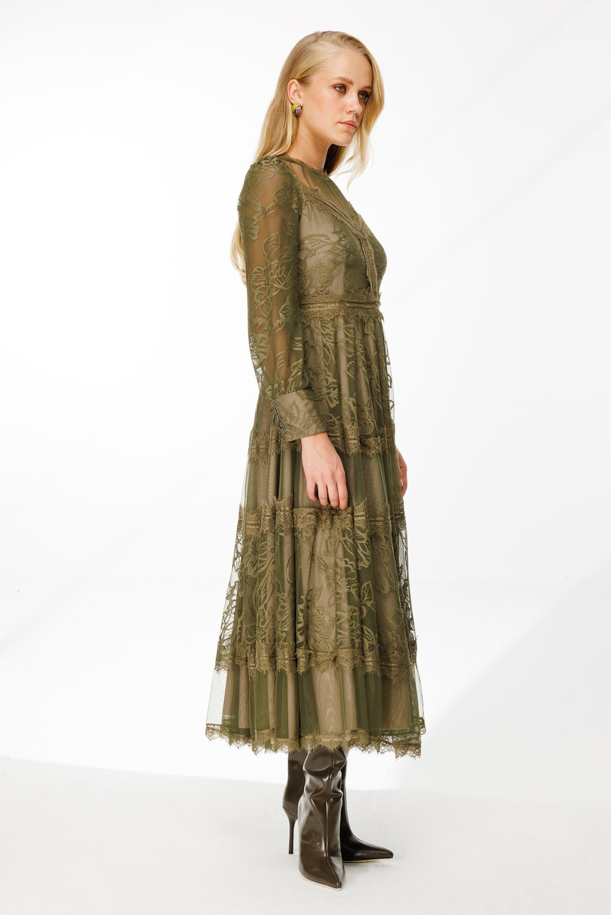 	Dantel Detay Bej Astarlı Maxi Boy Elbise YEŞİL