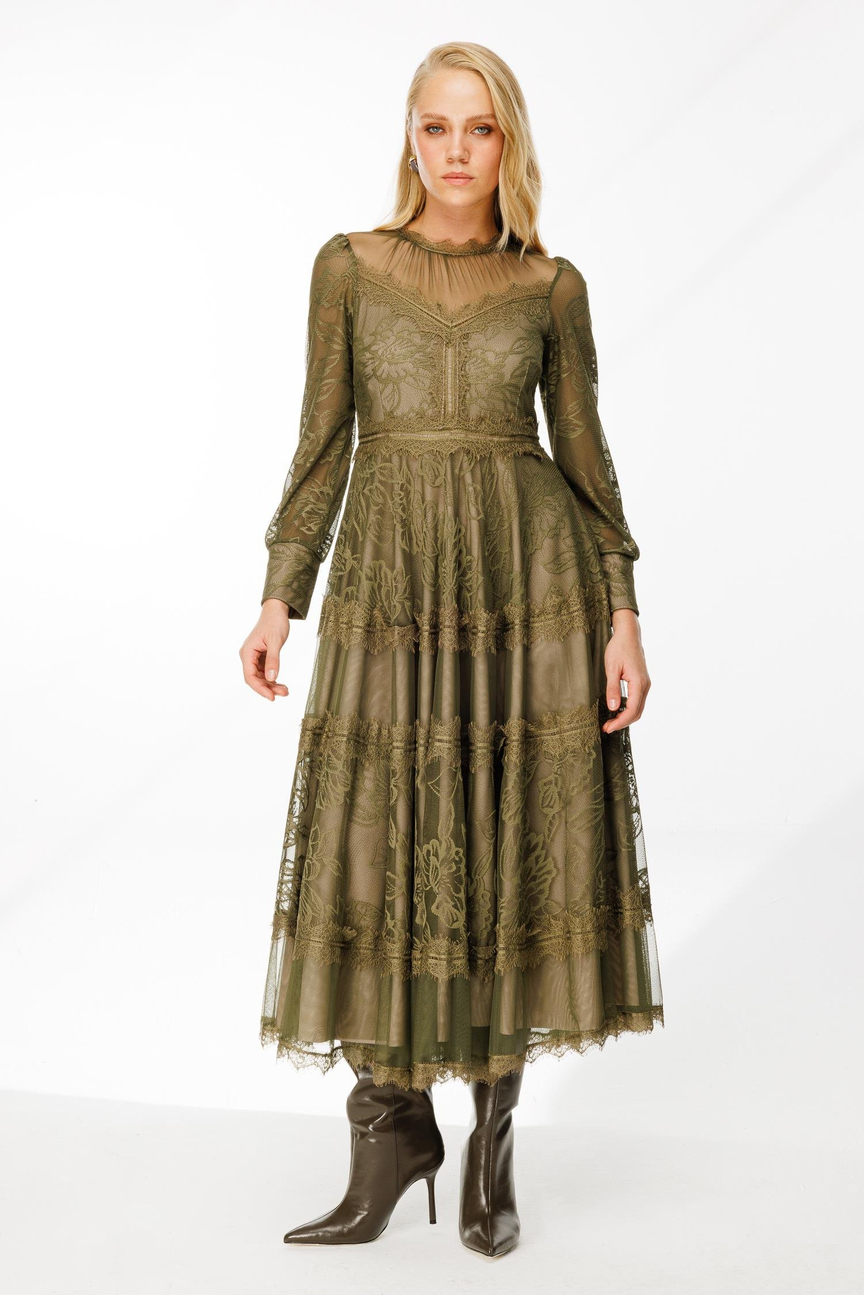 	Dantel Detay Bej Astarlı Maxi Boy Elbise YEŞİL