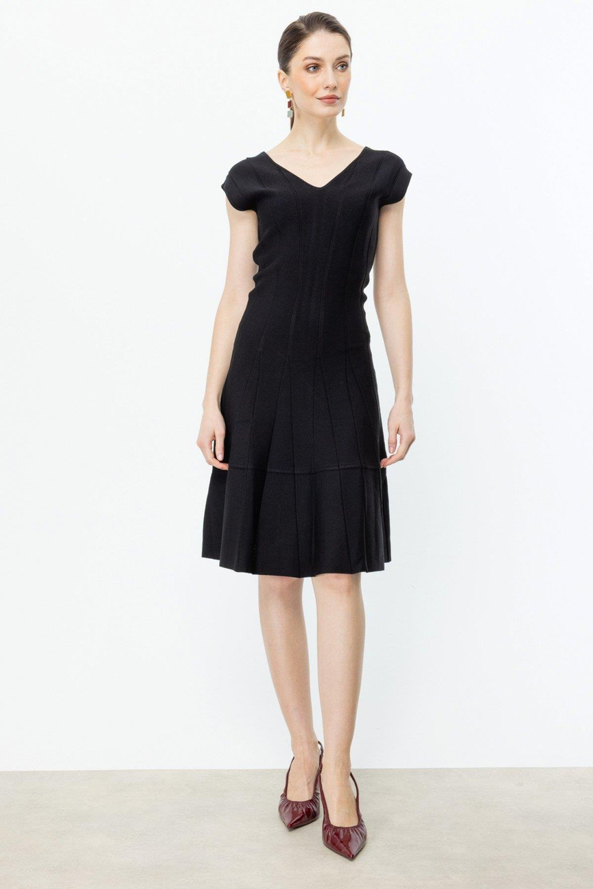 V-Neck Self-Striped Dress BLACK