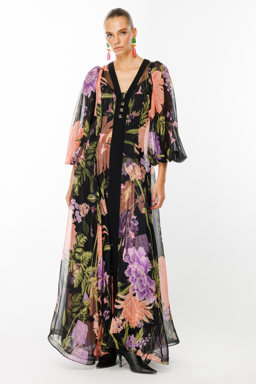 V Yaka Floral Desen Şifon Elbise SİYAH