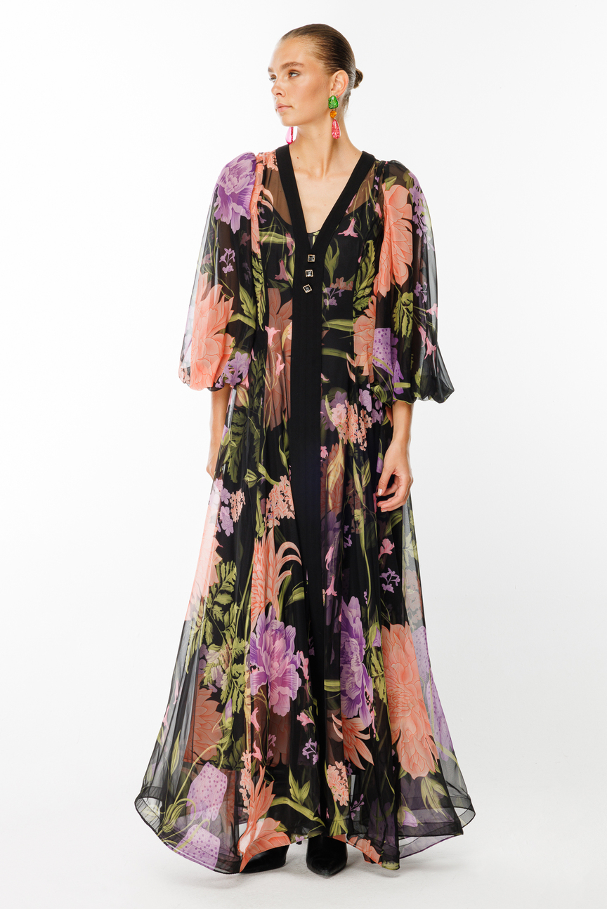 V Yaka Floral Desen Şifon Elbise SİYAH