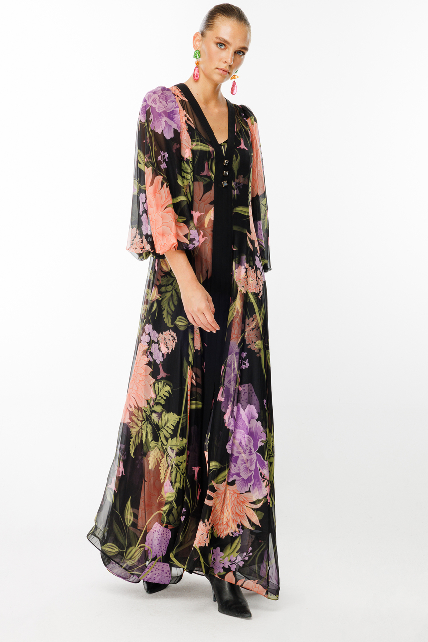 V Yaka Floral Desen Şifon Elbise SİYAH