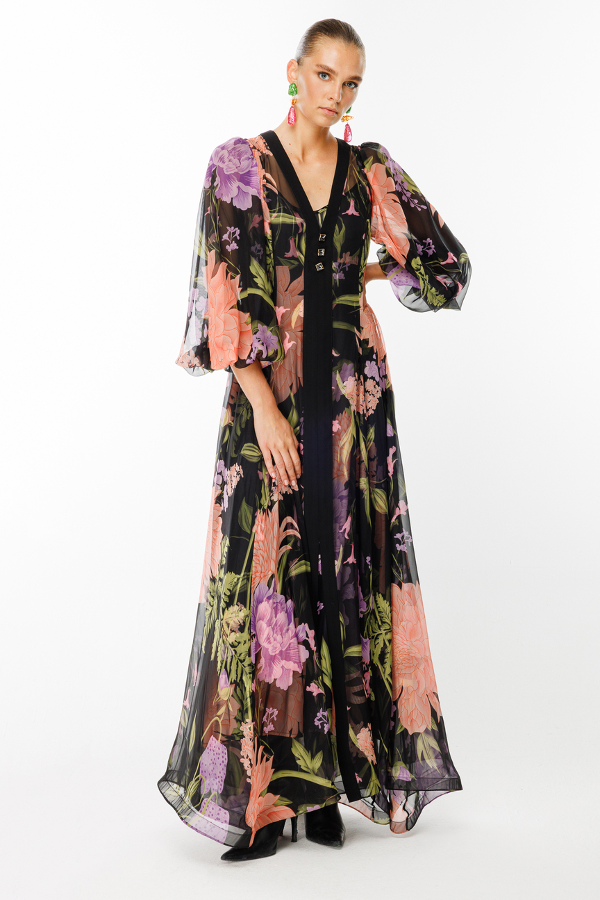V Yaka Floral Desen Şifon Elbise SİYAH