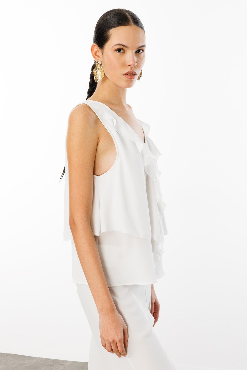 V Yaka Sırt Dekolteli Volanlı Bluz BEYAZ