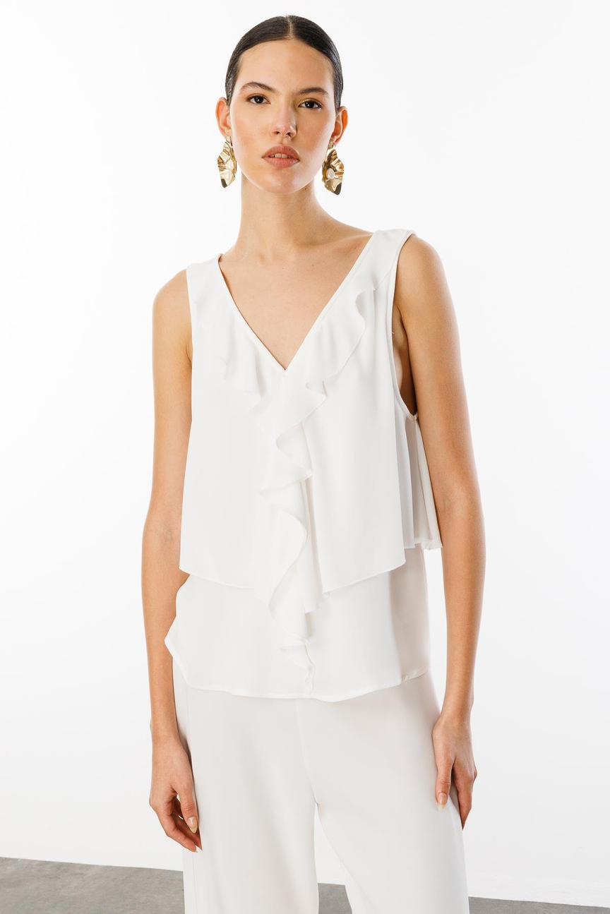 V Yaka Sırt Dekolteli Volanlı Bluz BEYAZ