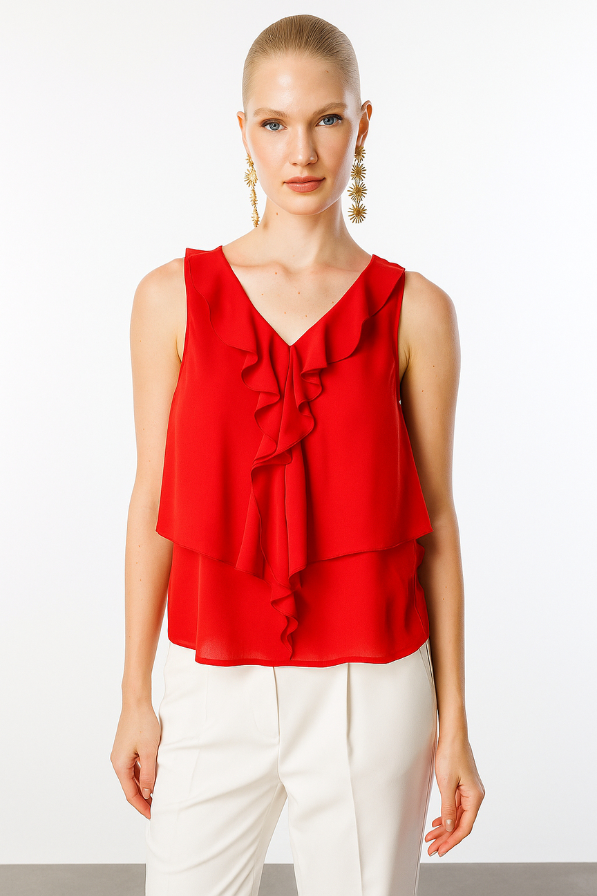 V Yaka Sırt Dekolteli Volanlı Bluz KIRMIZI