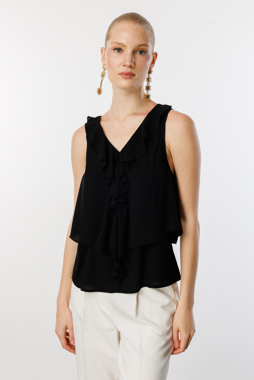 V Yaka Sırt Dekolteli Volanlı Bluz SİYAH