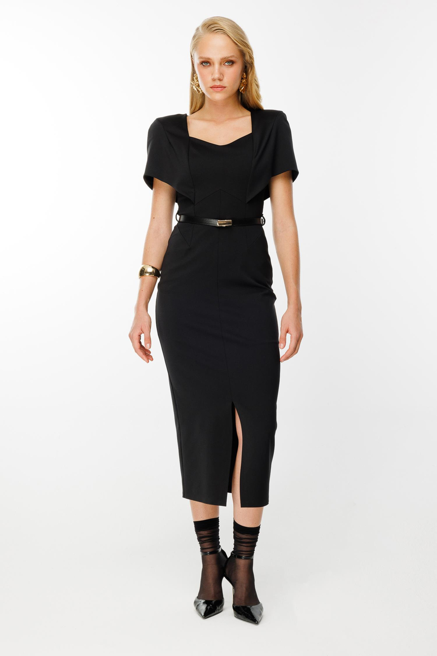 Vatkalı Kemerli Önden Yırtmaçlı Elbise SİYAH