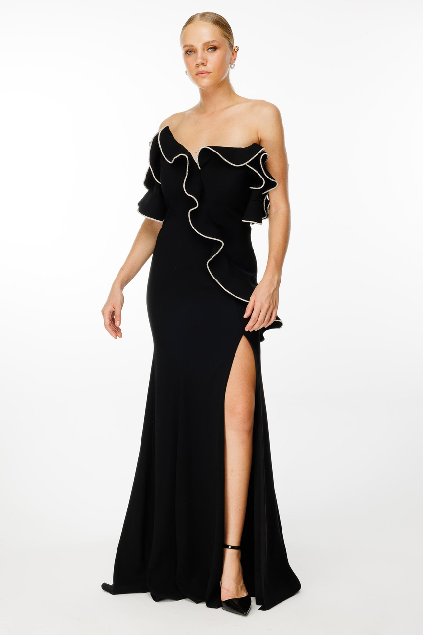 Volan Detaylı Uzun Abiye SİYAH