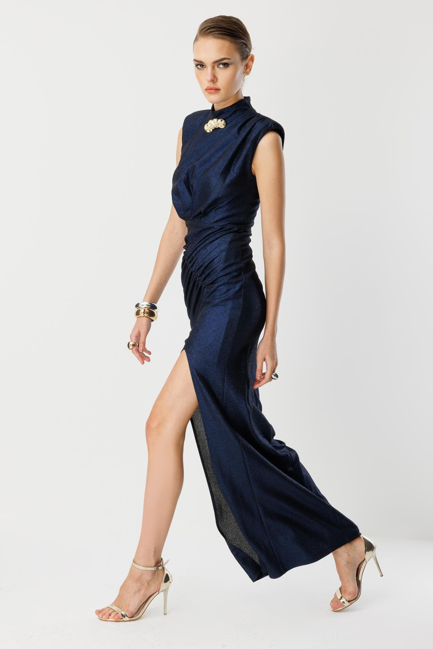 Sleeveless Evening Dress with Collar Accessory Detail NAVY BLUE