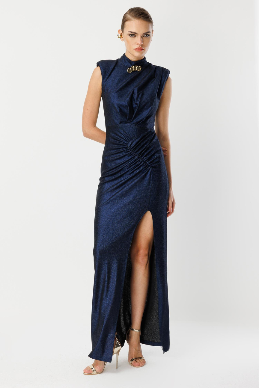 Sleeveless Evening Dress with Collar Accessory Detail NAVY BLUE