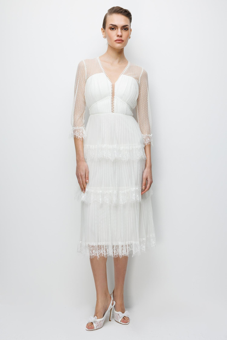 Yaka Birit Detaylı Tül Etek Elbise EKRU