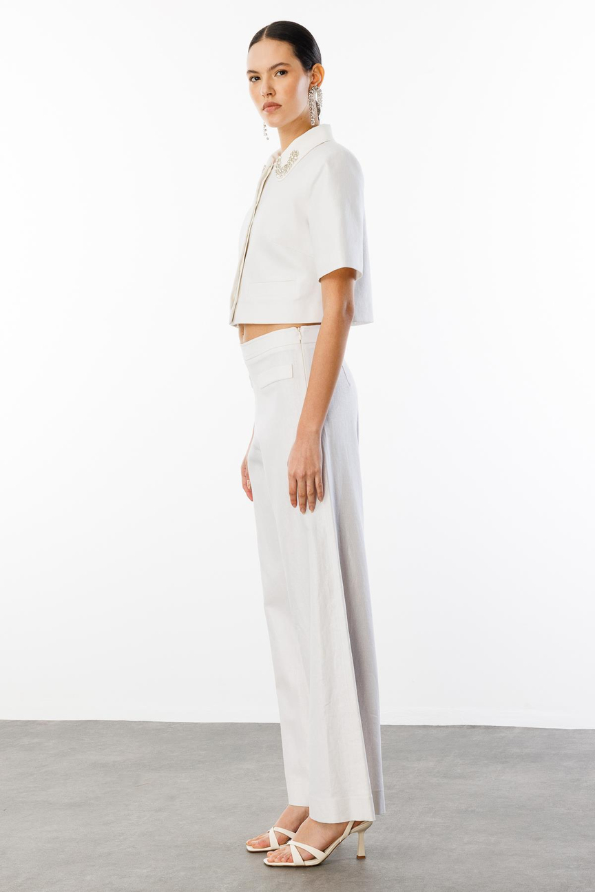 Yaka İşleme Detaylı Ceket Pantolon Keten Takım KREM