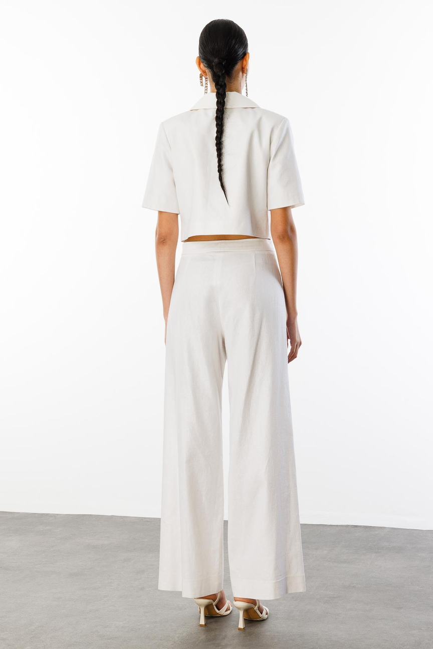 Yaka İşleme Detaylı Ceket Pantolon Keten Takım KREM