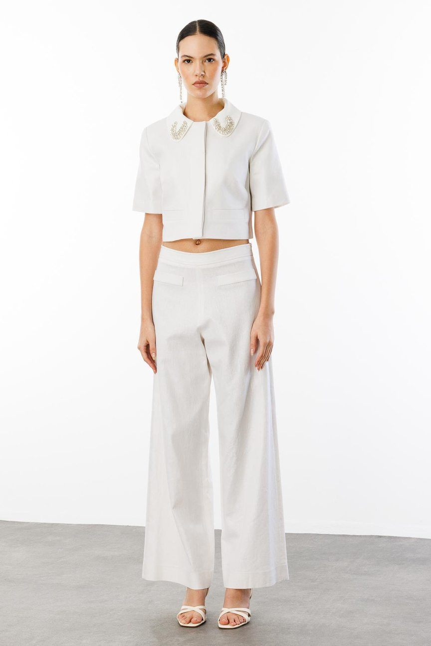 Yaka İşleme Detaylı Ceket Pantolon Keten Takım KREM