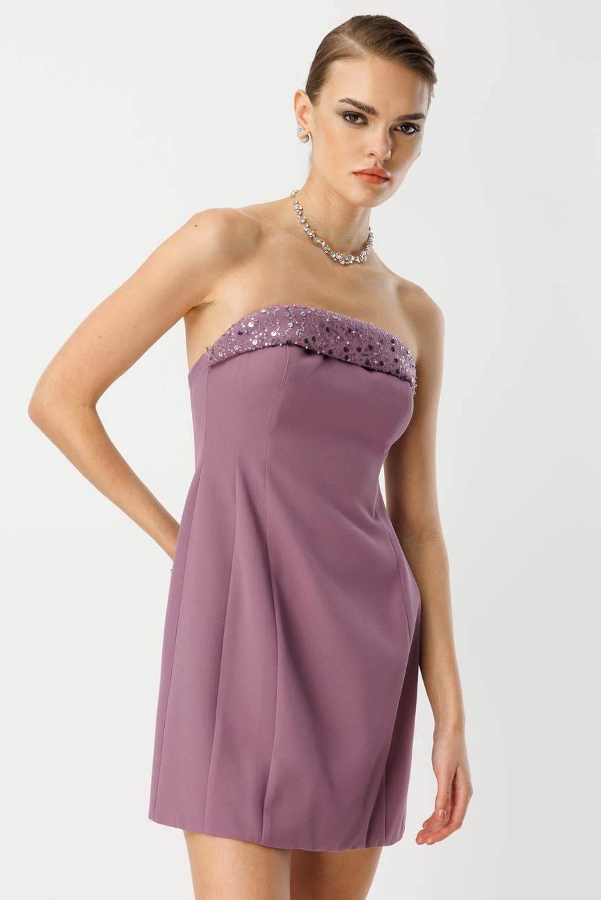 Mini Dress with Embroidered Collar Detail PURPLE