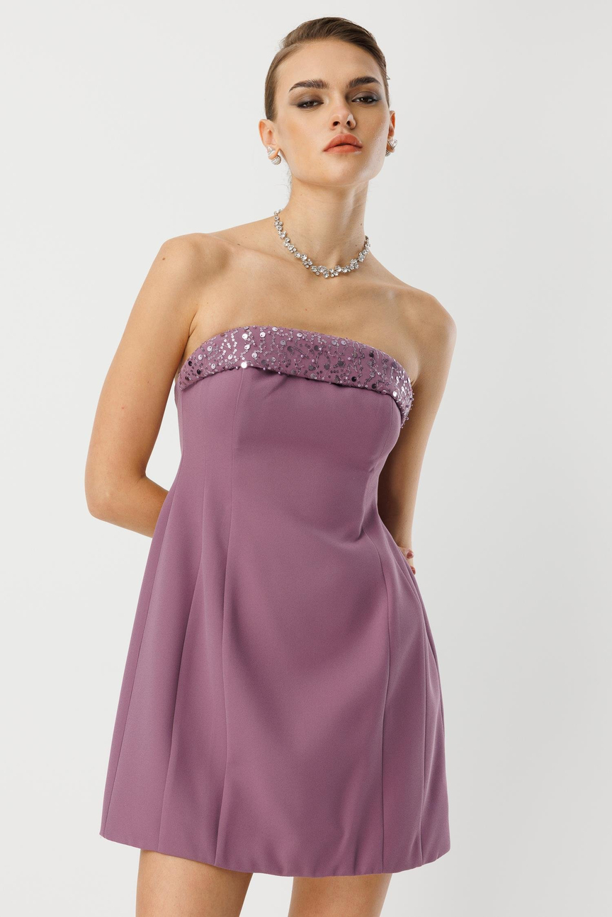Mini Dress with Embroidered Collar Detail PURPLE