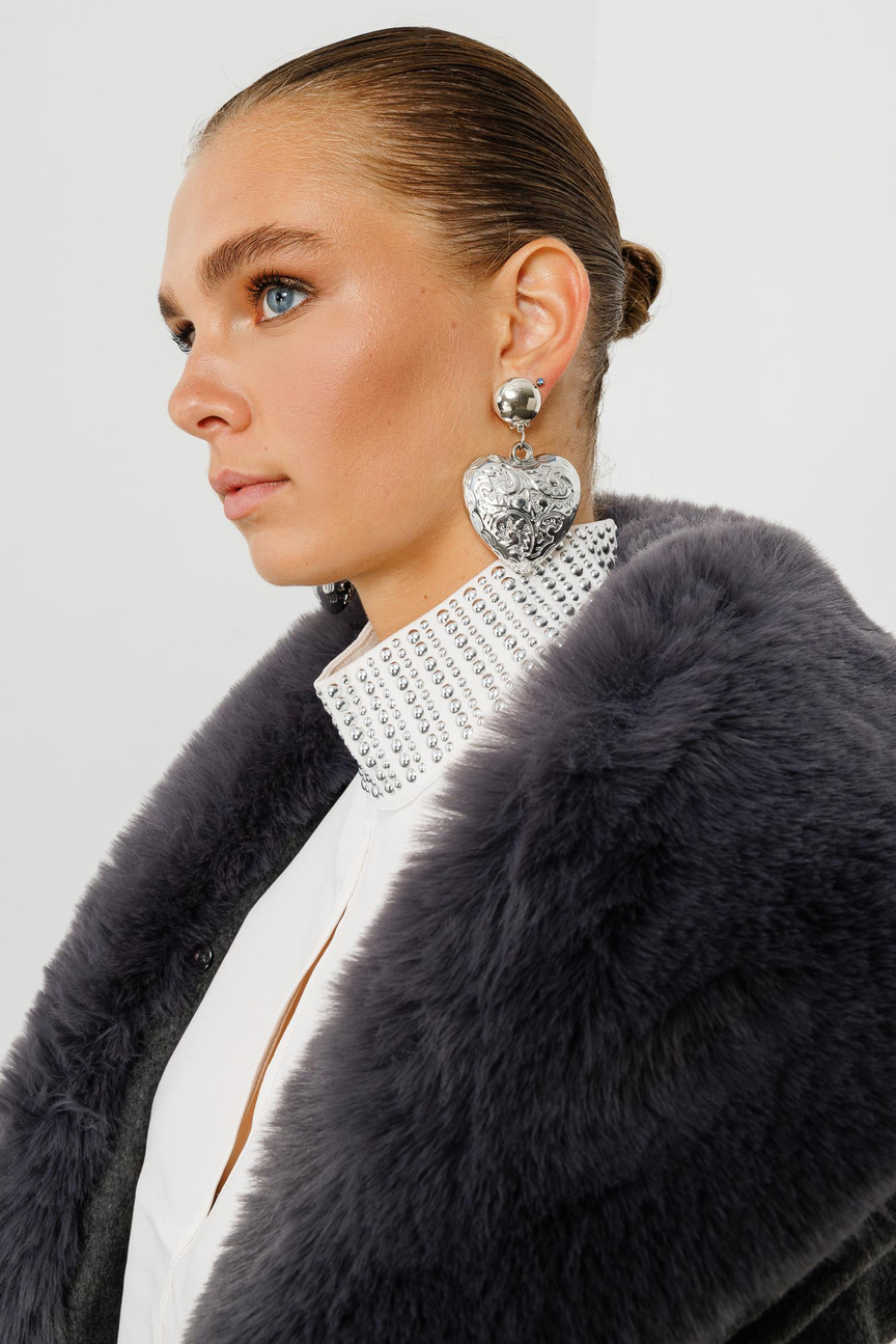 Collar Fur Detailed Waist Belted Cashmere Coat DARK GRAY