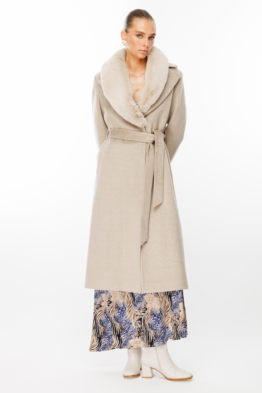 Collar Fur Detailed Waist Belted Stash Coat STONE