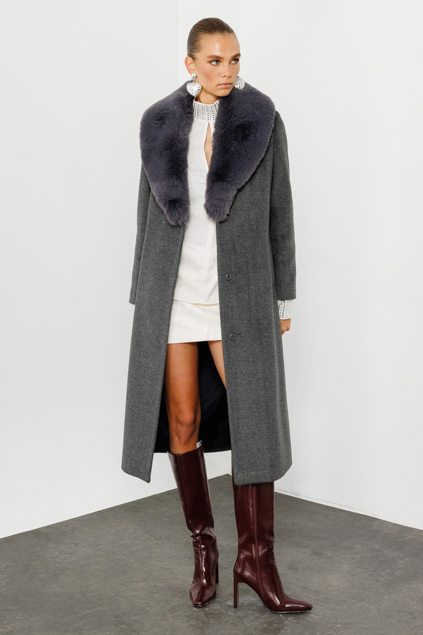 Collar Fur Detailed Waist Belted Cashmere Coat DARK GRAY