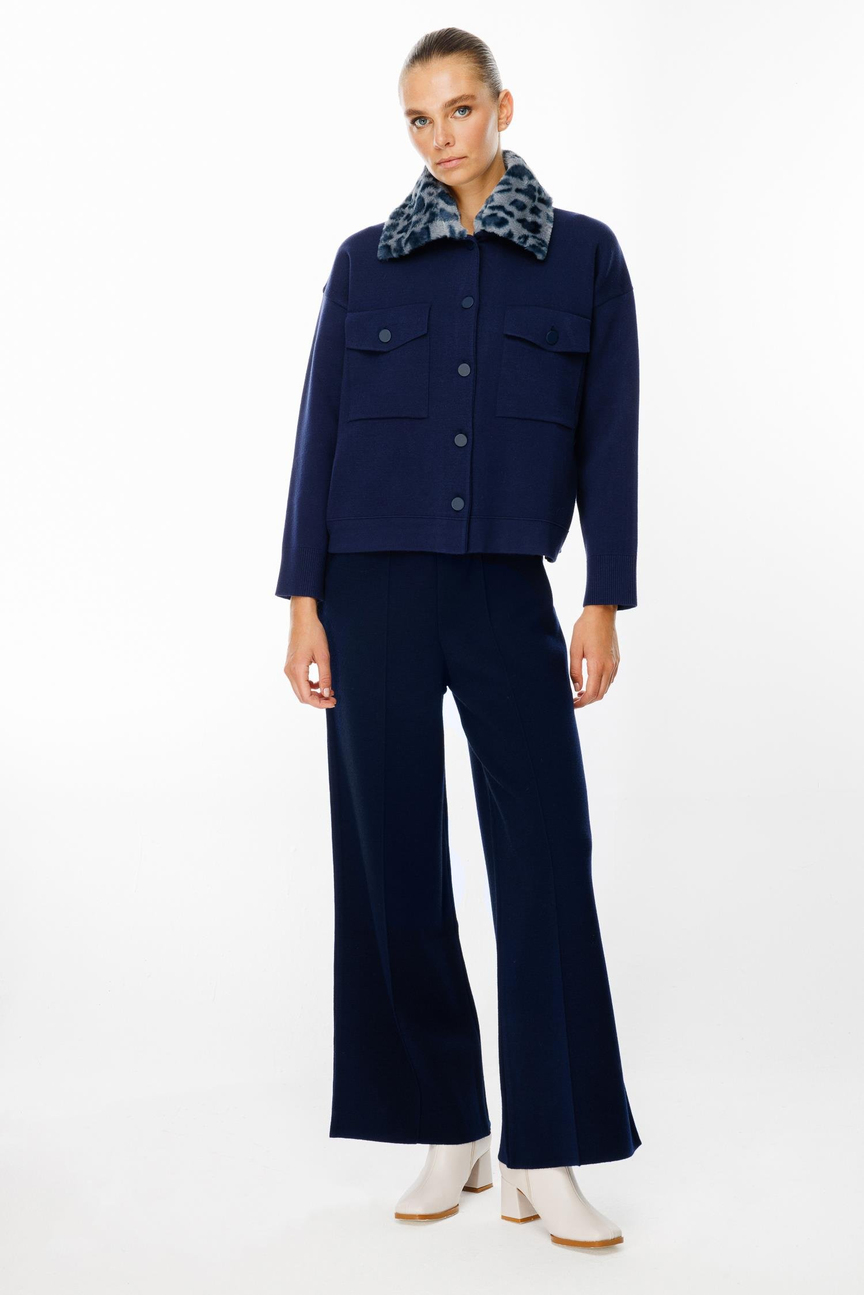 Yaka Kürk Detaylı Düğmeli Ceket LACİVERT