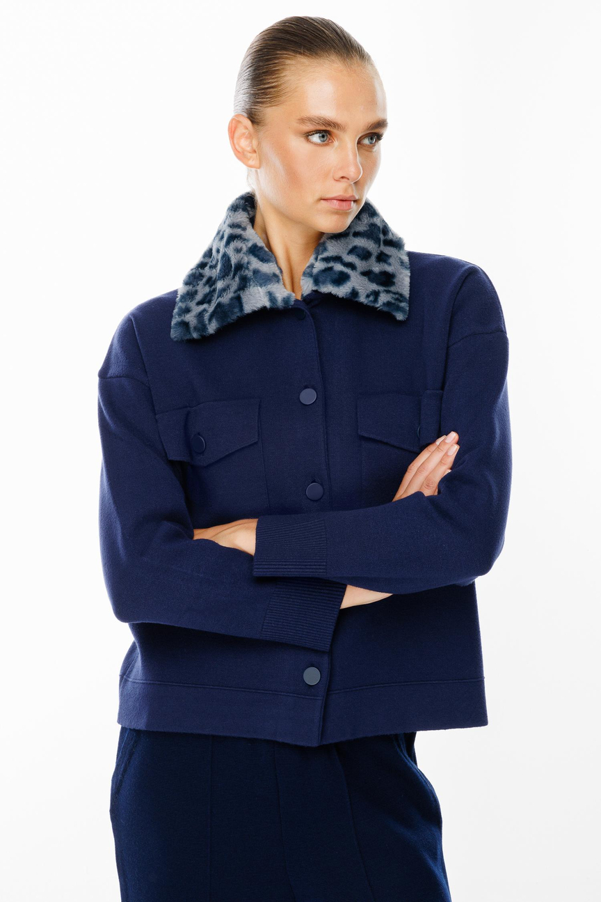 Yaka Kürk Detaylı Düğmeli Ceket LACİVERT