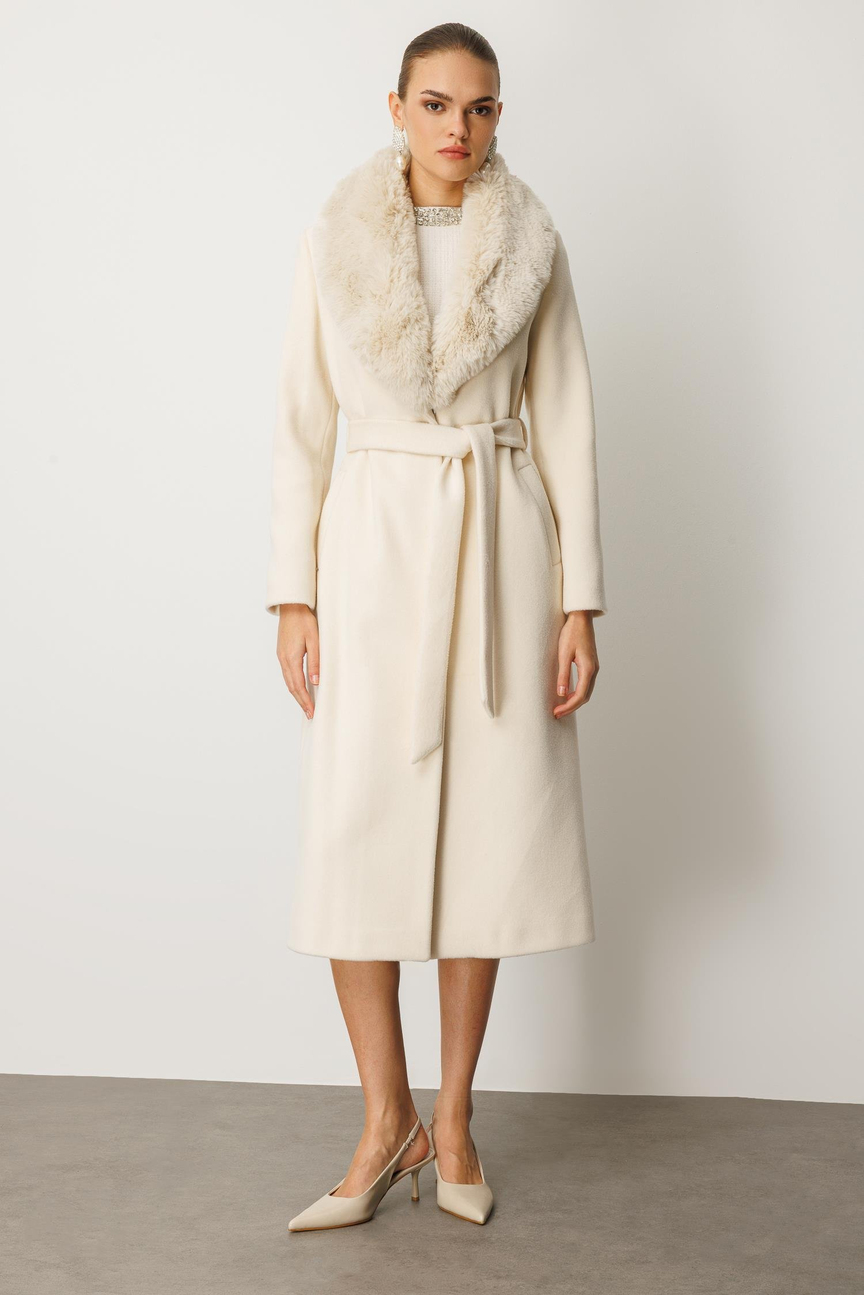 Fur Collar Detailed Cashmere Coat ECRU