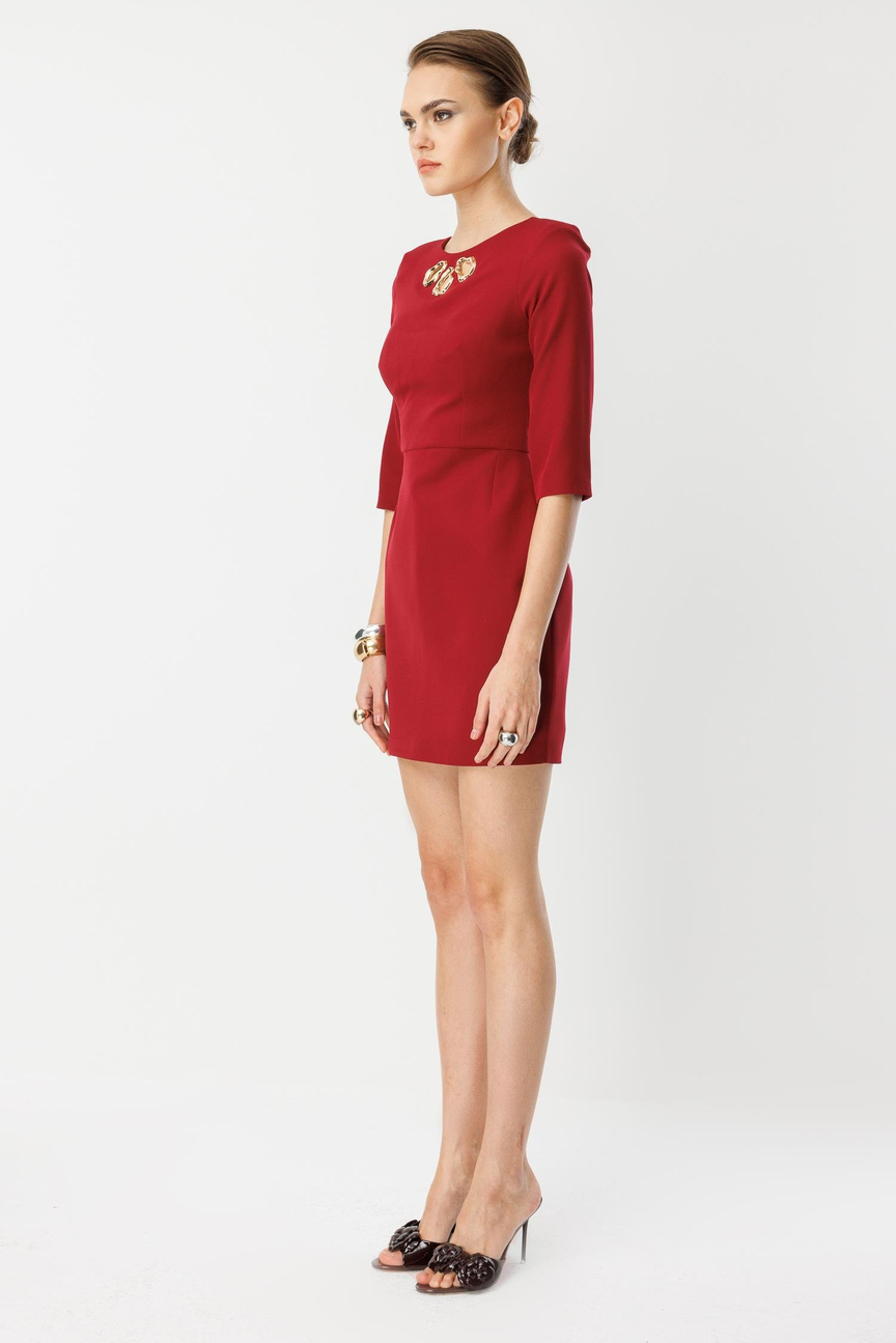 Yaka Lazer Aksesuar Detaylı Mini Elbise BORDO