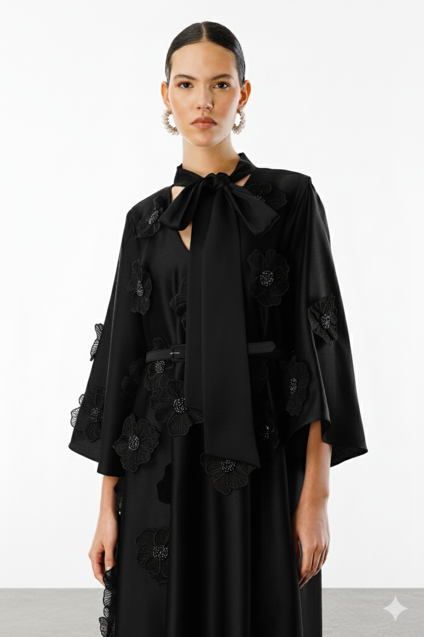 Yaka Şal Bağlamalı Çiçek Detaylı Kemerli Elbise SİYAH