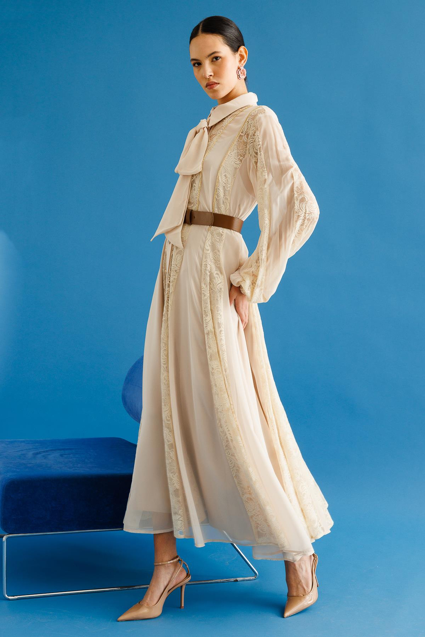 Shawl Collar Tied Strip Lace Maxi Dress BEIGE