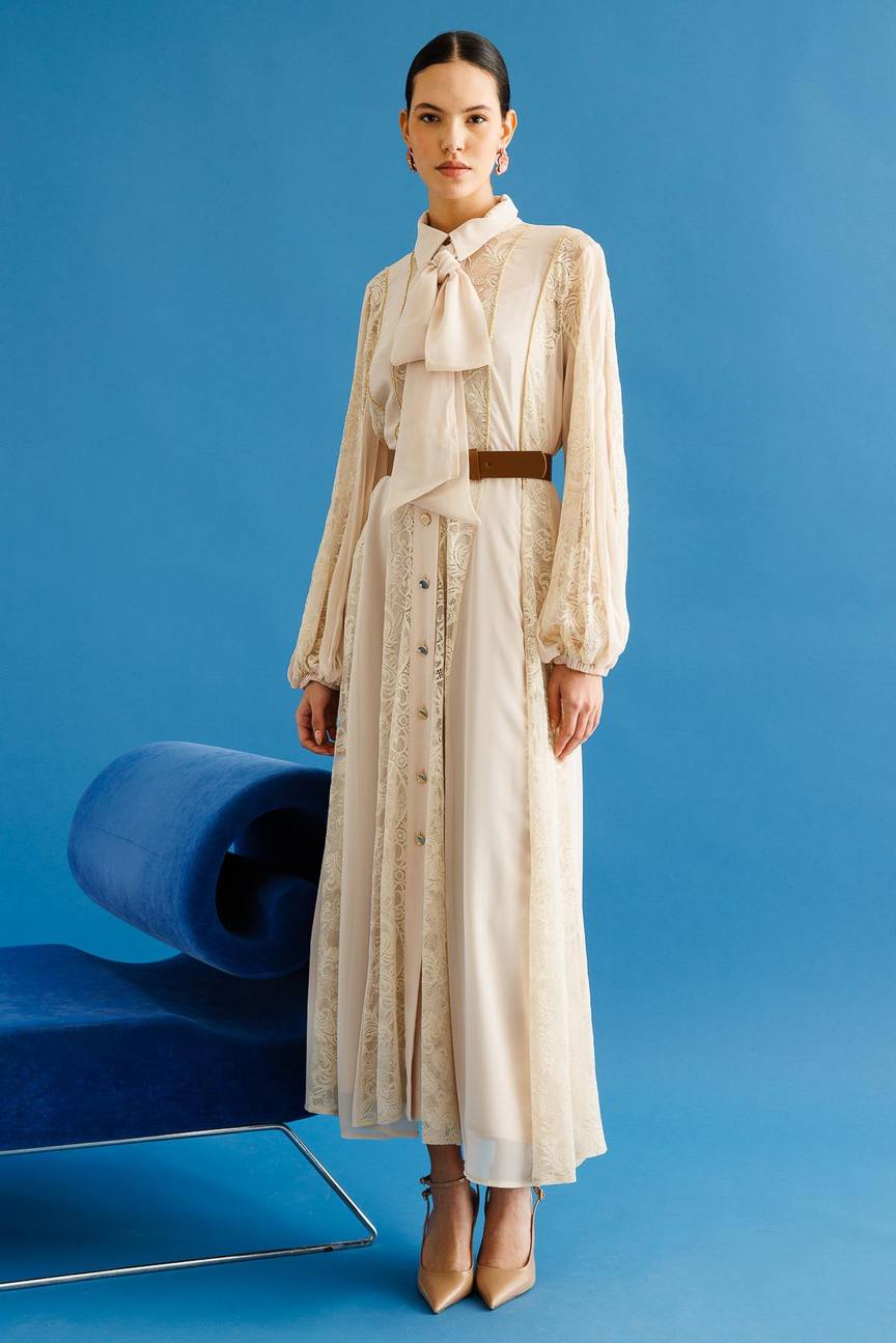 Shawl Collar Tied Strip Lace Maxi Dress BEIGE