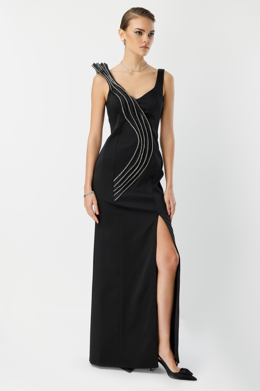 Ruffle Collar Detail Slit Maxi Evening Dress BLACK