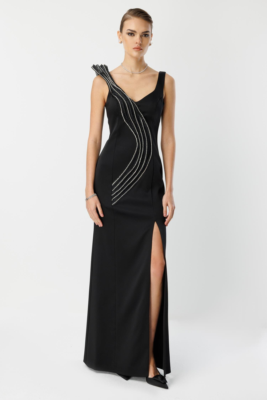 Ruffle Collar Detail Slit Maxi Evening Dress BLACK