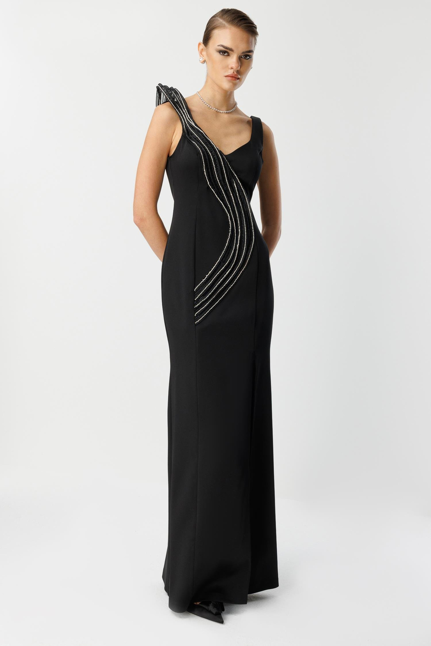 Ruffle Collar Detail Slit Maxi Evening Dress BLACK